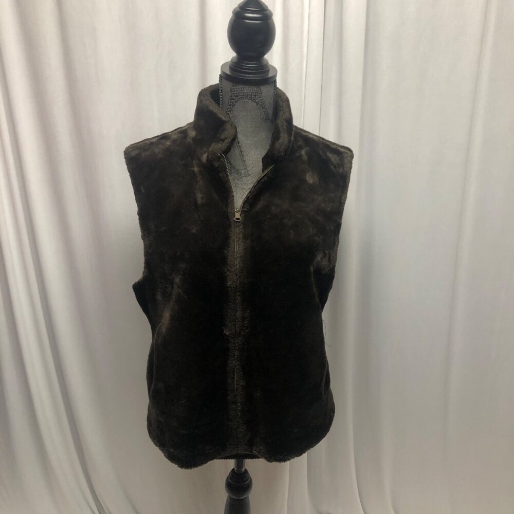 Blassport Brown Reversible Faux Fur Vest Womens Size Medium Sleeveless Zippered